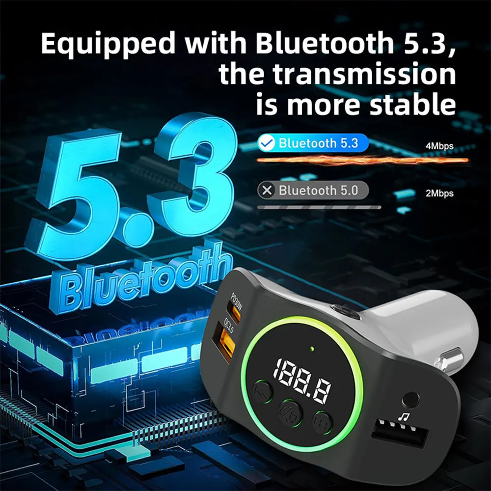 PD30W+QC3.0 Bluetooth 5.3 Car MP3 Player FM Transmitter Wireless Handsfree U Disk Play Music USB Type-C Car Fast Charger Adapter — view 2