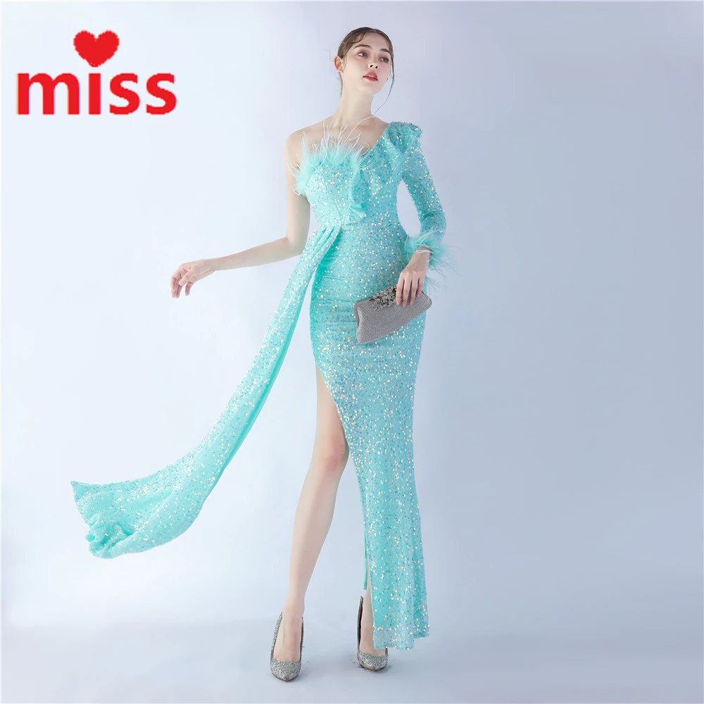 

Party Dress New High-end Handmade Ostrich Hair One Shoulder Long Sleeve Side Split Sequined Evening Dress Wedding Long Dress