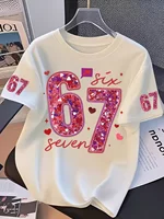 T-shirt pour filles, exclusif Saint-Valentin, avec paillettes, numéro 67, imprimé 3D créatif, t-shirt d'été à col rond pour enfants, vêtements d'extérieur 1