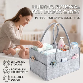 Borsa portaoggetti portatile in feltro per pannolini, borsa a mano di grande capacità, portaoggetti per pannolini e giocattoli per bambini, borsa portaoggetti da esterno multi-scomparto