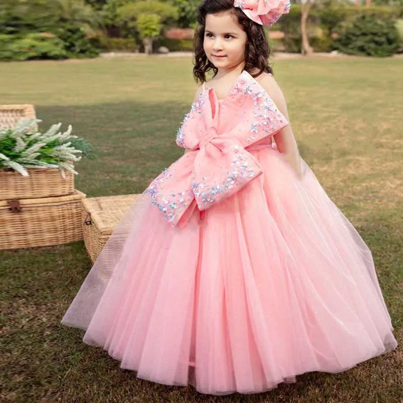 

Cute Pink Flower Girl Dresses Birthday Costumes Tulle Beaded Bow Princess Photography Shoot Girls First Communion Dress