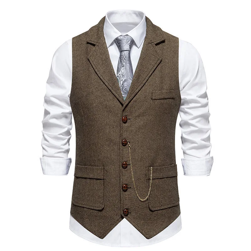 Men's Suit Vest Fashion Turn-Down Collar Pockets Suit Vests England Style Smart Casual Vintage Gentleman Leisure Party Waistcoat 3