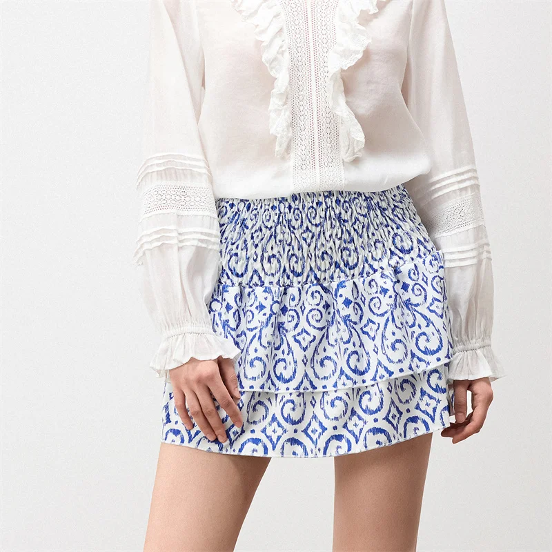 Minifalda de verano para mujer, con estampado floral, elástica, de cintura alta, con volantes escalonados, faldas cortas de corte A, faldas para salir, ropa de calle