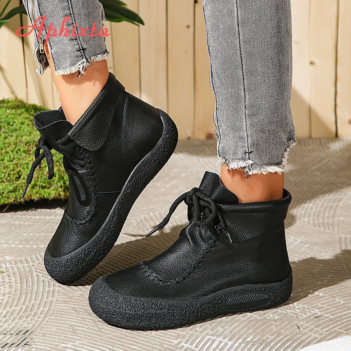 Aphixta Coffee Ankle Boots For Women Lace Up Chunky Heel Modern Short Boot Casual Woman Ankle Boots Woman Booties