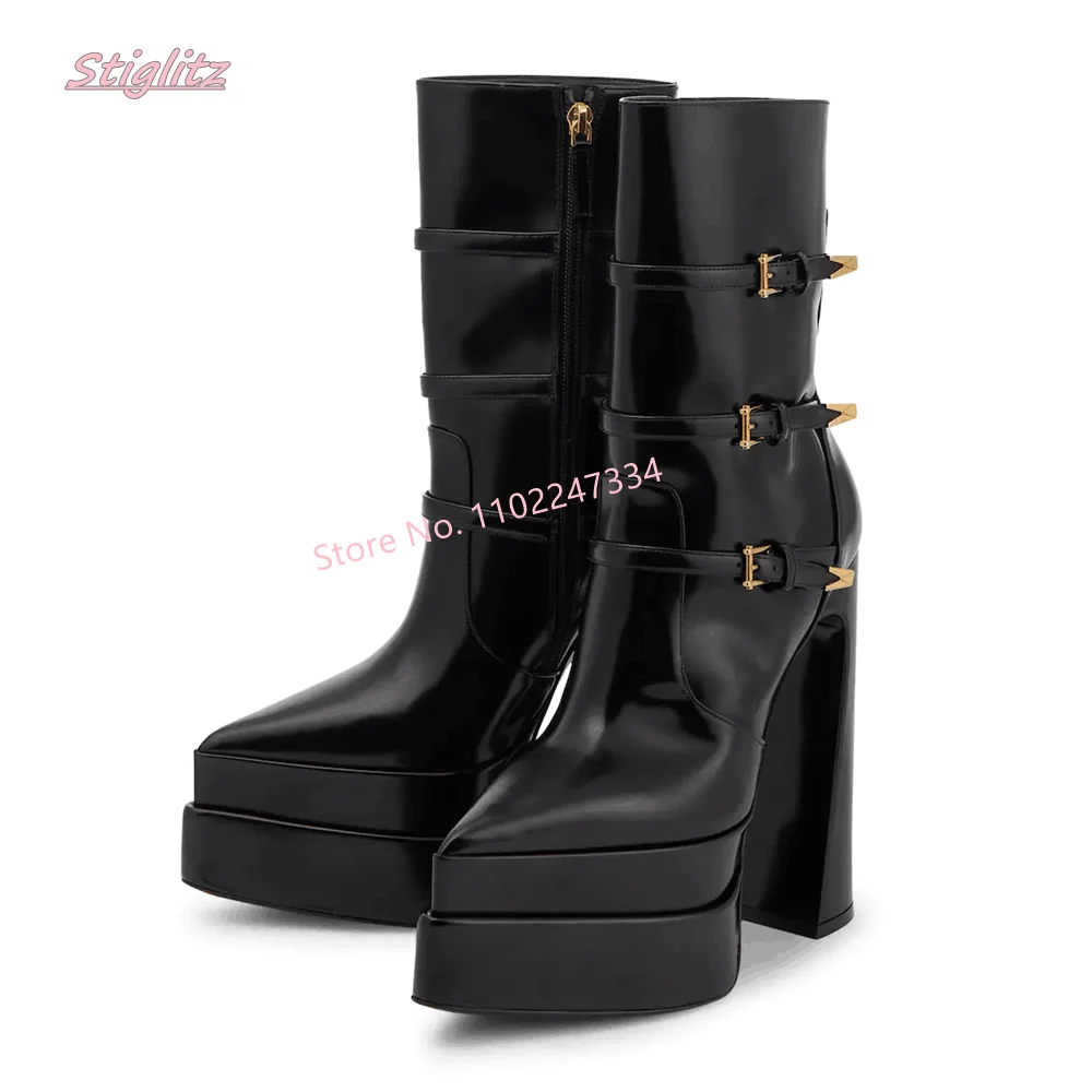 2024 Black Platform Ankle Boots Women's Winter Solid New Arrival Luxury Brand Pointed Toe Side Zipper footwear Shoes