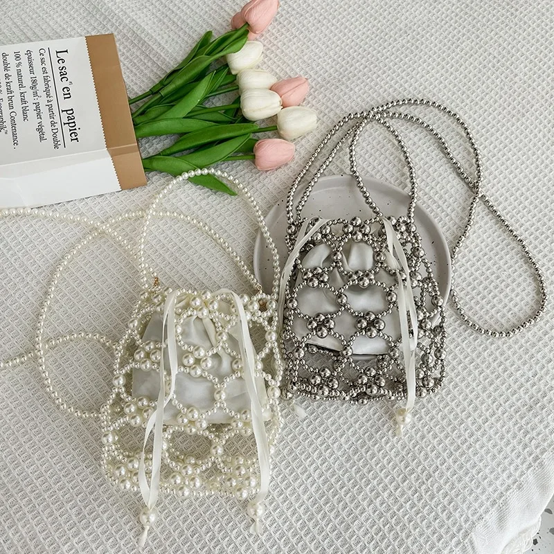 Summer New Hollow Pearl Handheld Womens Bag Diy Handmade Beaded Handheld Bag Small Mini Phone Bag New