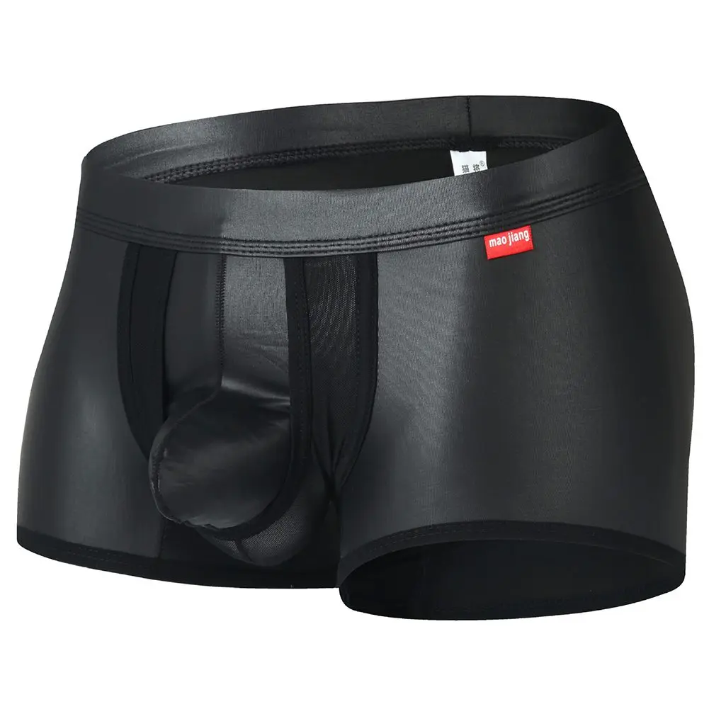 Sexy Men Trunks Stretch Faux Leather U Convex Pouch Boxer Briefs Shorts Male Wet-Look Underwear Swimwear Slip Homme Boxershorts men belt business formal belt smooth faux leather alloy buckle anti break anti slip men meeting commute suit pants belt