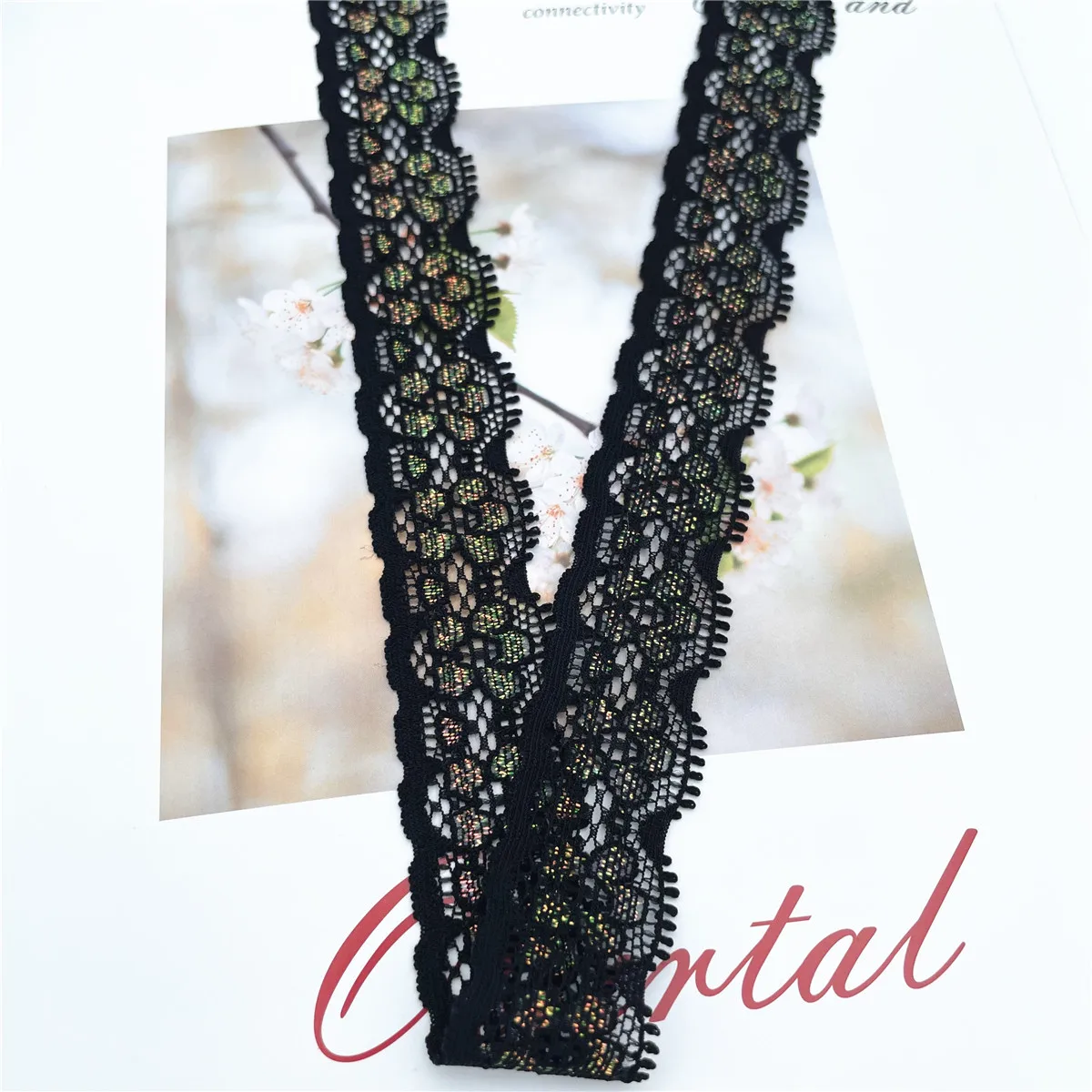 6y/Lot Width2.50~7cm Black Silver Shimmer Narrow Elastic Lace Trim 5