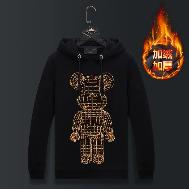 

2023 Sweatshirt Hoodie Men Fashion Streetwear Bear Rhinestones Pullover Hooded Hoodie Thick Mens Winter Clothes Sudaderas Hombre