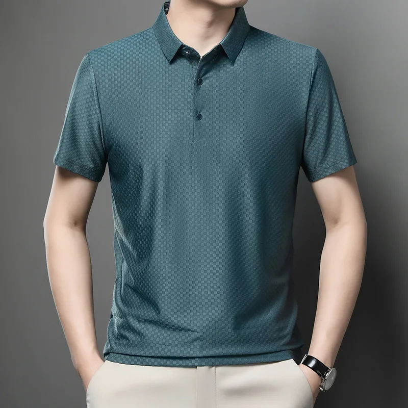 2024 New Men's Ice Silk Polo Shirt Men's T-shirt Business Quick-drying Leisure Lapel Short-sleeved T-shirt