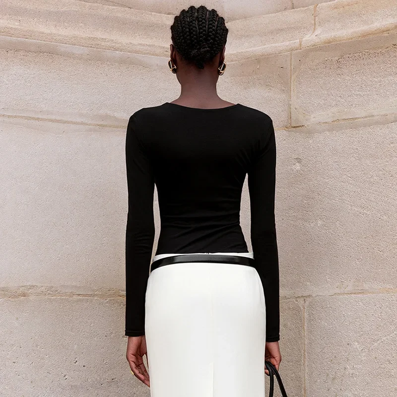 Fashion Spring and Autumn Deep V-Neck Metal Buckle Women's Long Sleeve T-Shirt Elegant Slim Fit Solid Color Waist Casual Top