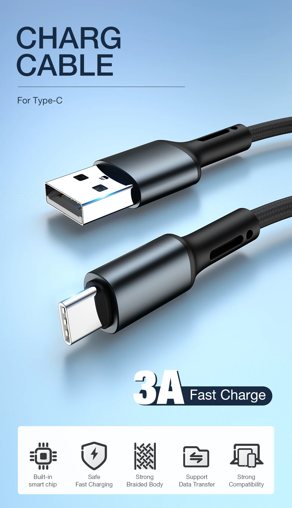 Versatile USB Type A to C Fast Charging Cable - Multiple Lengths Available