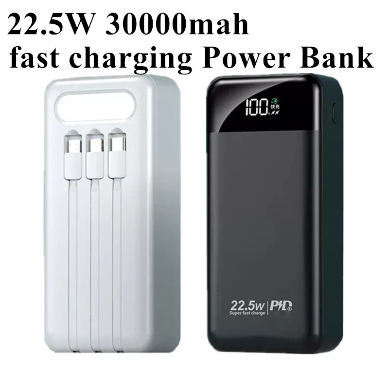 

30000mah 22.5W Quick Charging Power Bank with LED Flashlight Portable with Cables Basues for IPhone Huawei Xiaomi Samsung PD