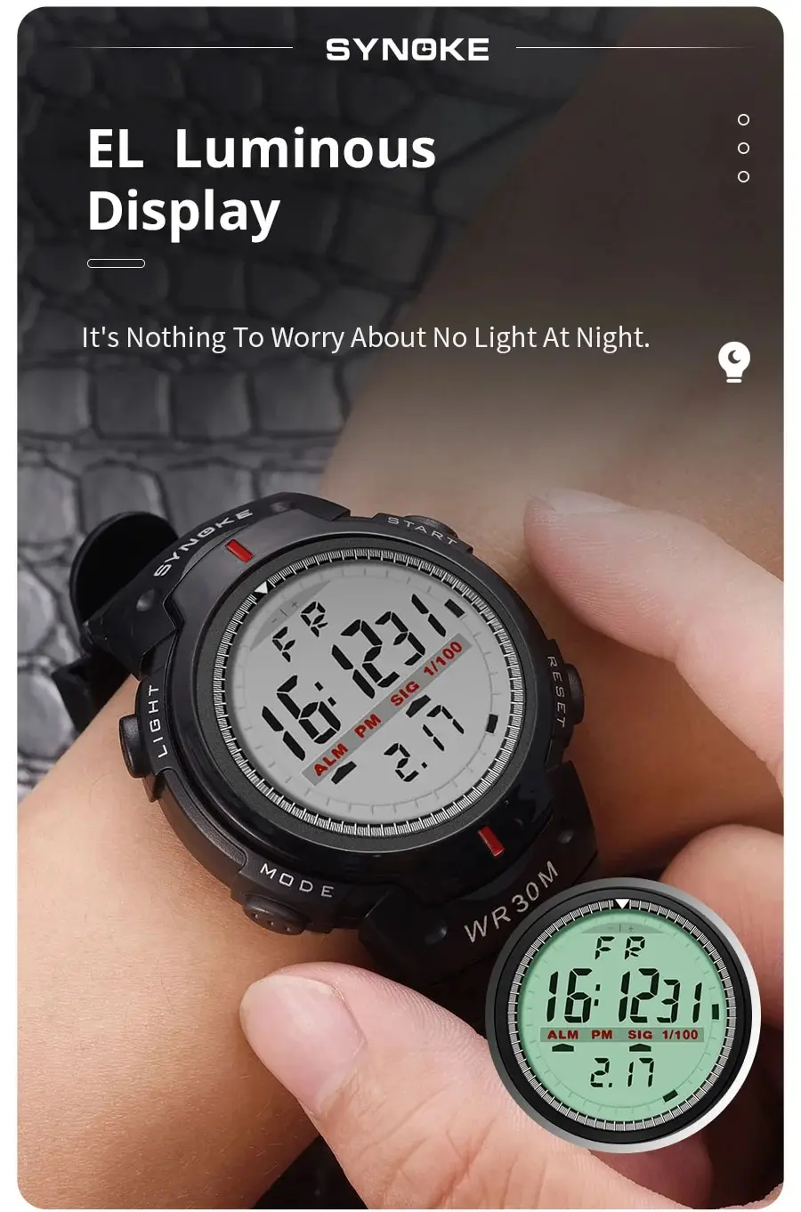 SYNOKE Männer Elektronische Uhr Sport Für Männer Wasserdicht Leucht Multi Funktion Outdoor Bergsteigen Großen Bildschirm Elektronische Wat – Detail 7