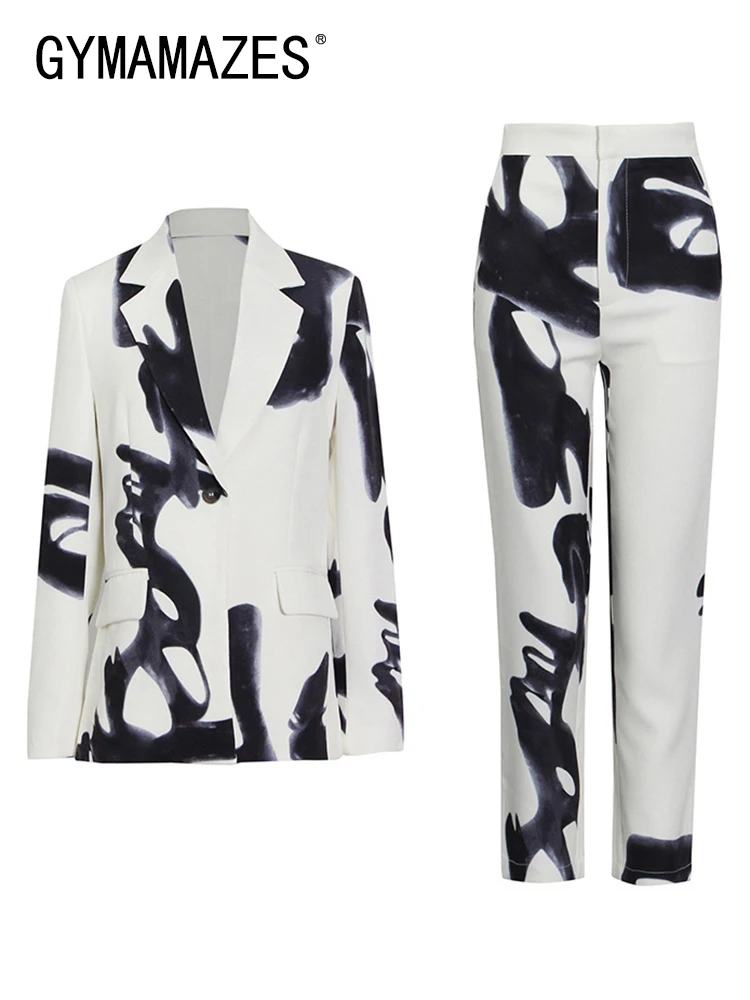 

GYMAMAZES Colorblock Print Sets For Women Lapel Collar Long Sleeve Top High Waist Loose Pant Two Piece Set Female 2022 Clothing