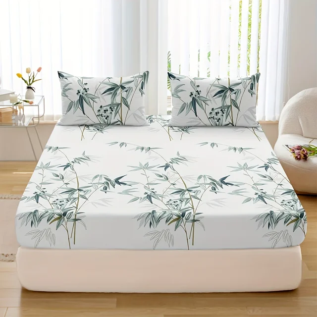Set lenzuola con angoli con stampa foglie di bambù da 3 pezzi - Biancheria da letto morbida, traspirante, confortevole e ipoallergenica per camera da letto, stanza degli ospiti - 1 raccordo 1