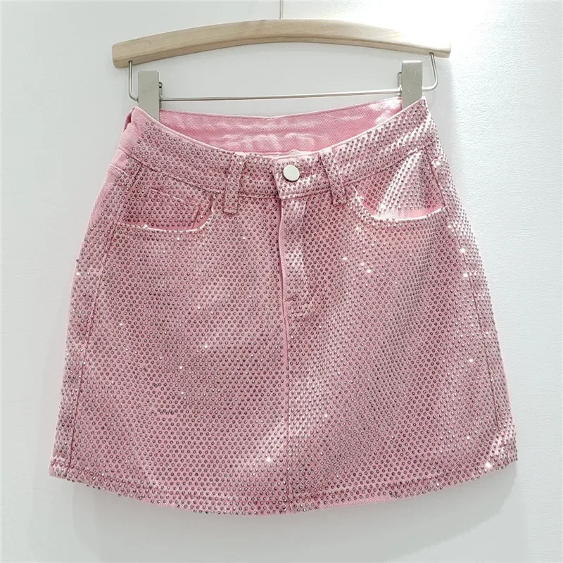 new-denim-skirt-women-fashionable-high-waisted-a-line-wrap-buttocks-short-skirt-luxurious-heavy-work-hot-diamond-decoration