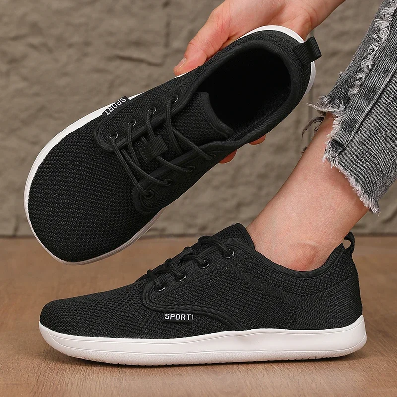 Womens Minimalist Walking Sneakers Shoes Wide Toe Barefoot Casual Wide Last Canvas Black Flat Board Shoes Breathable Mesh Shoes