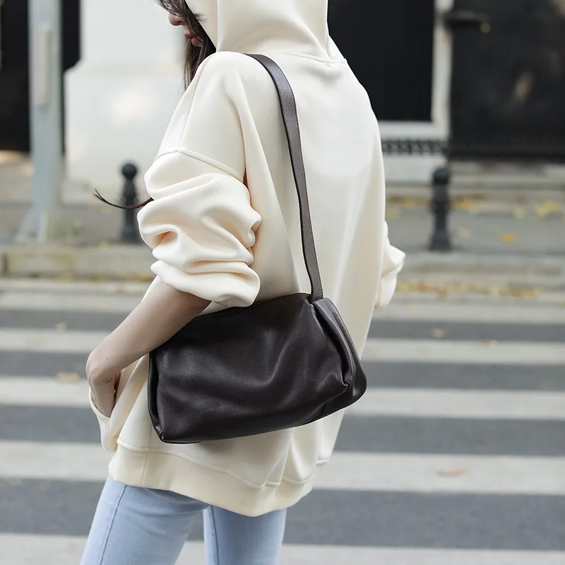 New Simple Shoulder Handbag Women's Genuine Leather Crossbody Bag Real Cowhide Ladies Bag Versatile Casual Small Bag Pillow Bag
