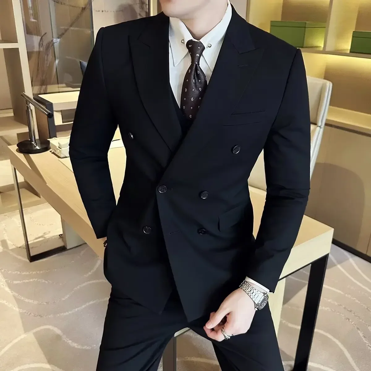 Men Suits Jackets British Style Trendy Men's Blazer Black Double Breasted Slim Fit Suit Jacket Formal Business Office Groom Wedding Dress S-5XL