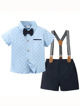 Toddler Baby Boy Clothes 1-5T Boy Gentleman Suit Short Sleeves Shirt +Suspender Pants +Bowtie Toddler Dress Boy Outfit 1