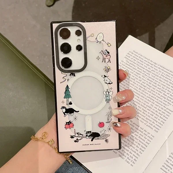 Black Cat Acrylic Black Border Protective Case for Samsung Galaxy S22U S23U S24 Ultra Shell with MagSafe