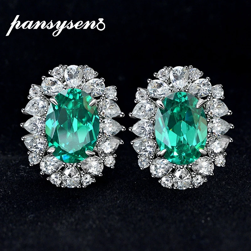 

PANSYSEN 100% 925 Sterling Silver 10CT Oval Cut Paraiba Tourmaline High Carbon Diamond Ear Stud Earrings for Women Fine Jewelry