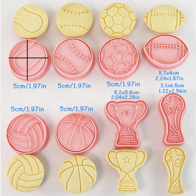 8Pcs Sport Ball and Trophy Shape Cookie Stamps with Plunger Cutters Set Football Volleyball Soccer Basketball Biscuit Cutter 3