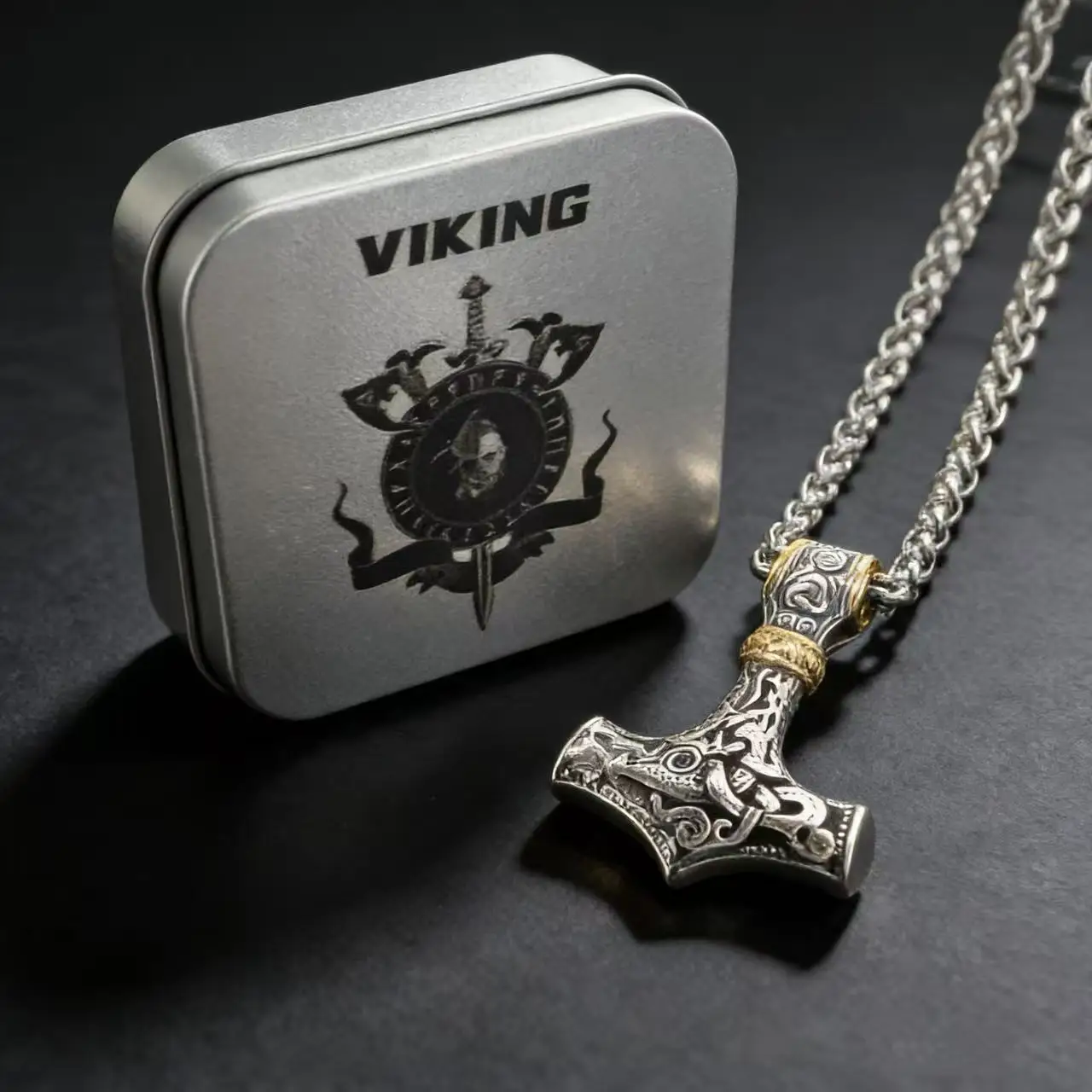 316L Edelstahl Nordic Odin Viking Rune Anhänger Kette Halskette Für Männer Vintage Mjolnir Schmuck Zubehör Geschenk Box