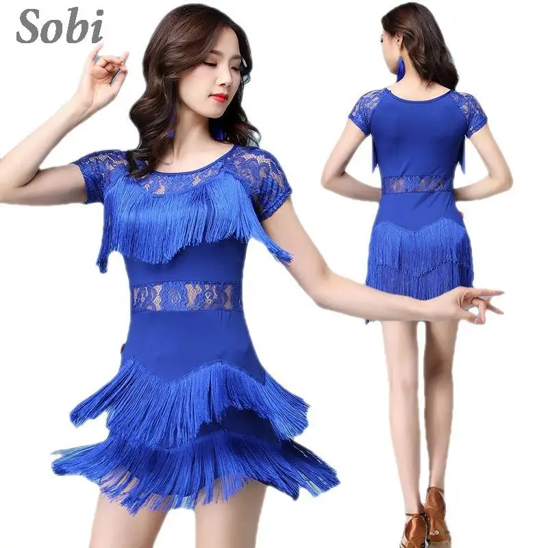 

Women's Fringed Ballroom Latin Dance Dress Sexy Short Sleeve Slim Hollow Clothing Tassel Dynamic Latin Dance Competition Dress