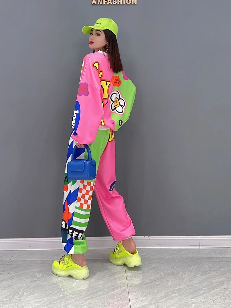 Spring 2023 new women's leisure sports 2 suits printed long sleeve who dress trousers a relaxed tide big yards moletom feminino