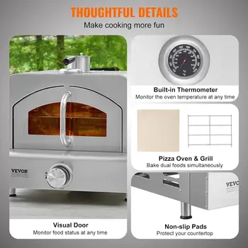 Outdoor Pizza Oven, 2-IN-1 Gas Pizza Maker & Grill, Propane Griller with Pizza Stone, Visual Door and Built-in Thermometer, 5