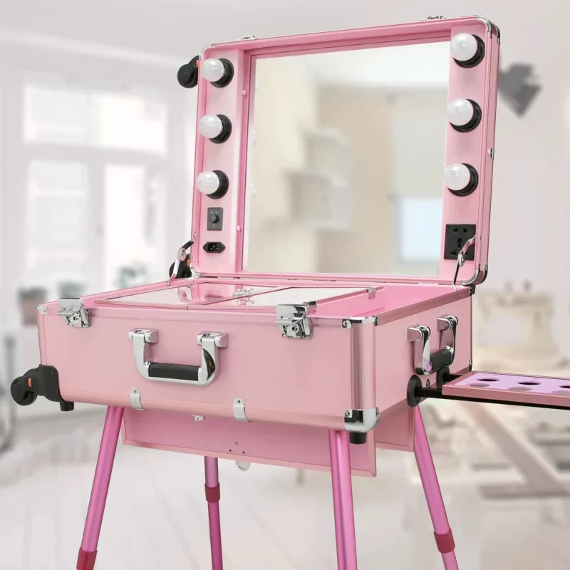 Professional Rolling Cosmetic Case Beauty Makeup Trolley suitcase LED Light Mirror Box Pink Luggage Aluminum frame Folding table travel luggage