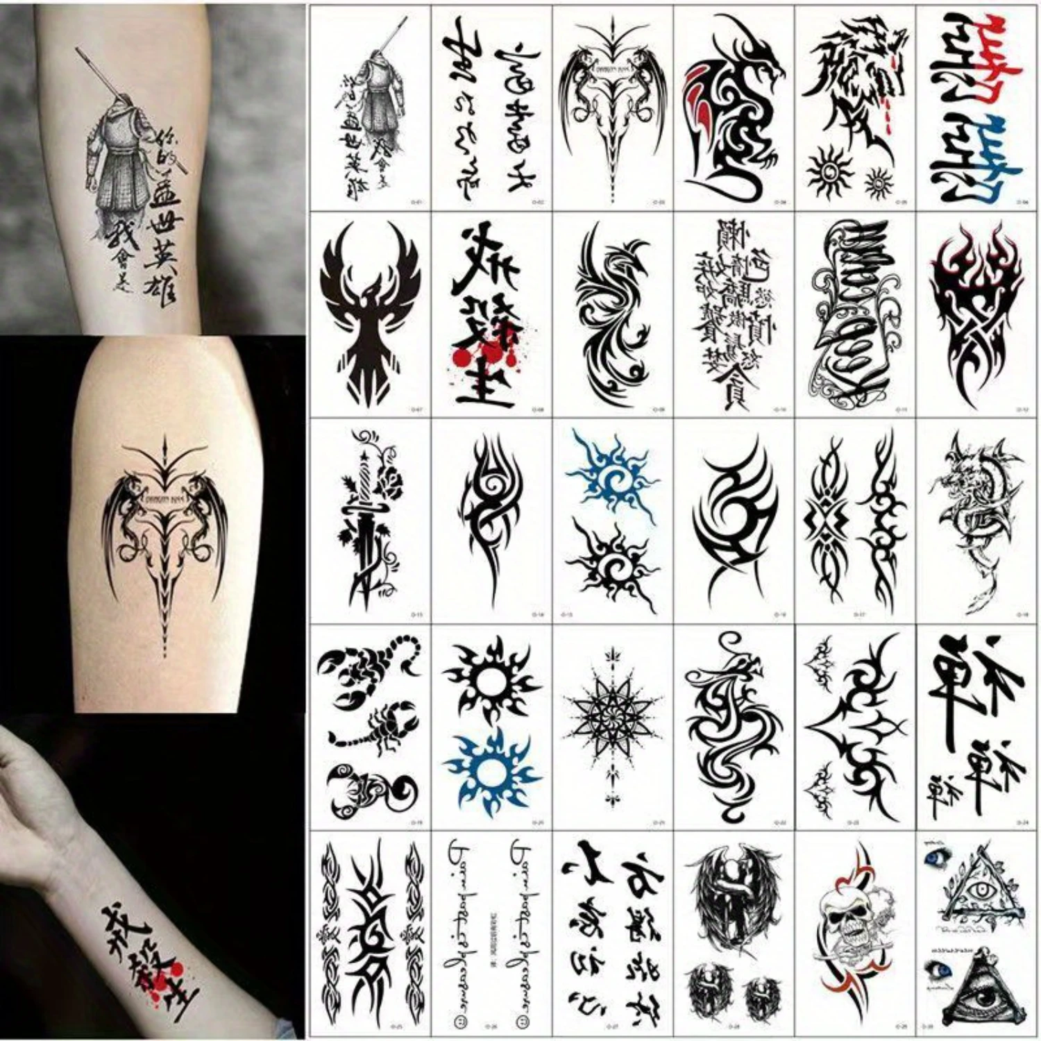 30-Pack Realistic Temporary Tattoos-Waterproof & Long-Lasting Chinese Abstract Designs for Arms, Legs & Back-Adult-Friendly,