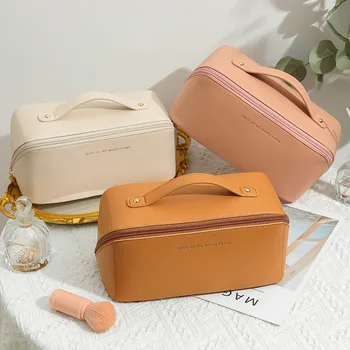 Borsa per il trucco da viaggio, borse per organizer cosmetico di grande capacità per donna, borse da toilette impermeabili in pelle PU trucco piatto ampio aperto