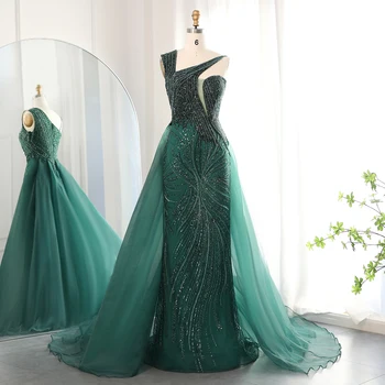 Luxury Emerald Green Evening Dress with Overskirt Elegant One Shoulder Women Wedding Party Prom Formal Gowns 128 2