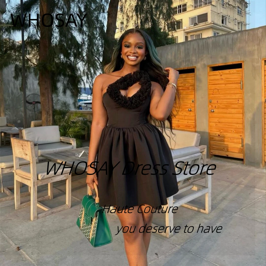 

WHOSAY Little Black Short Prom Dresses Ruffles Keyhole One Shoulder Robe Des Cocktail Dress A Line Mini Homecoming Party Gowns