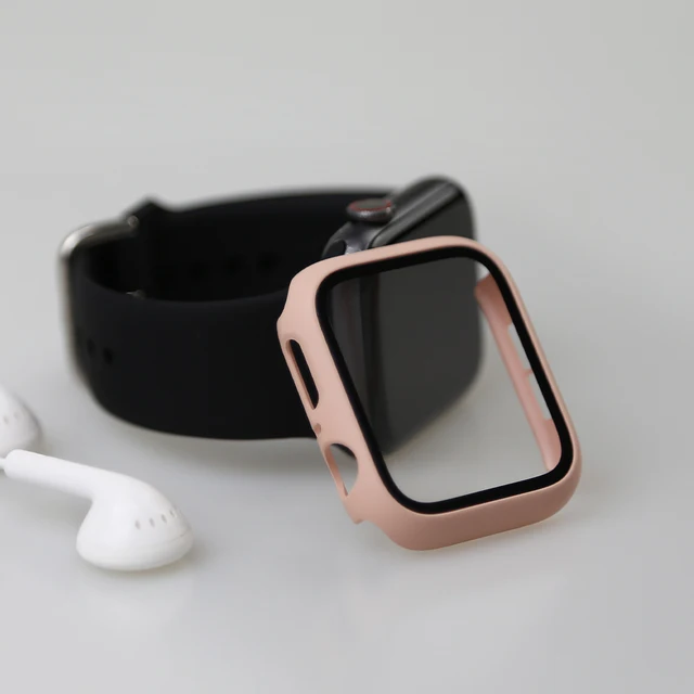 Glass+Watch Cover for Apple Watch Case 41mm 45mm 40mm 44mm 42mm 38mm Matte Bumper+Screen Protector for Iwatch SE 7 6 5 4 3 2 1 Pink