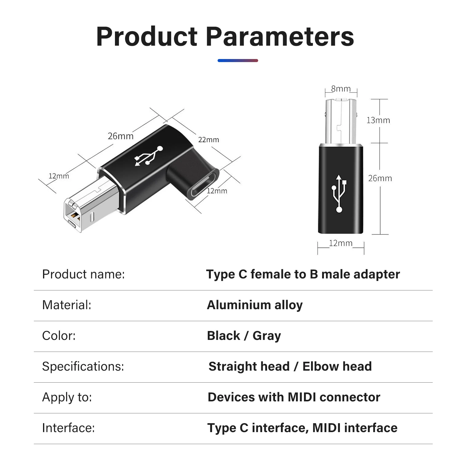 USB Type C Female to USB B Male Adapter for Data Transfer and Converter Applications