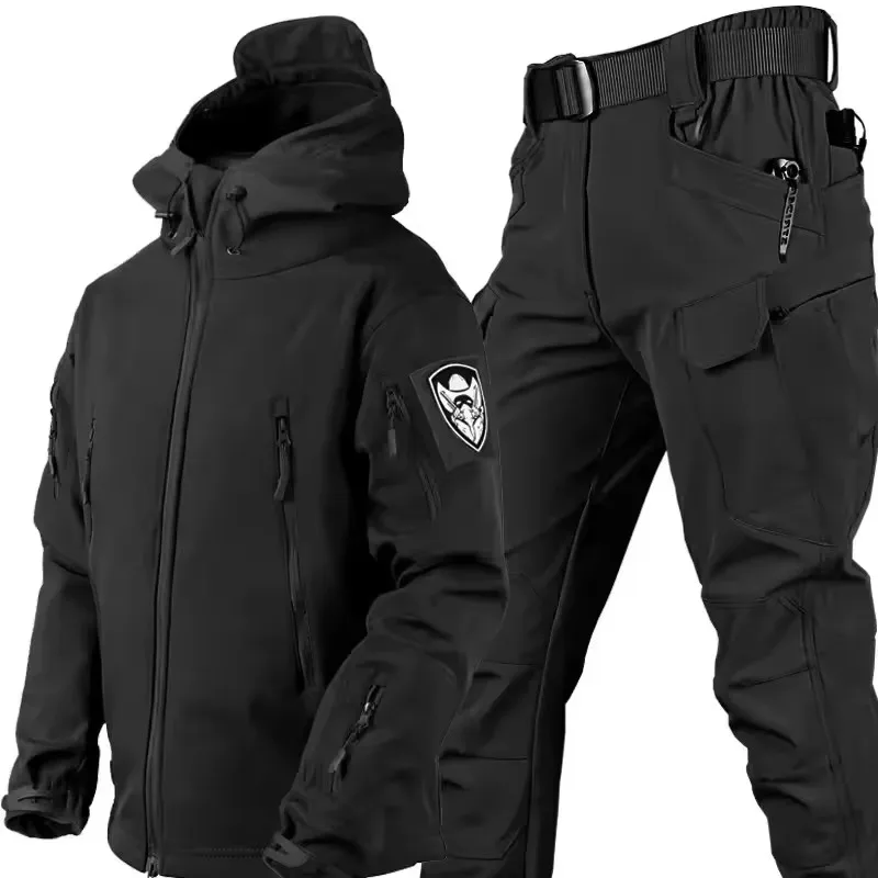 Winter Thicken Men Camo Suit Waterproof Tactical Training Set Multi-pocket Hooded Jacket Fleece Pants Outdoor Hunting 2-piece 2