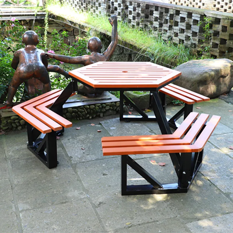 

Customized Outdoor Tables and Chairs Leisure Round Table Hexagonal Solid Wood Plastic Wood Table Park Chess and Card