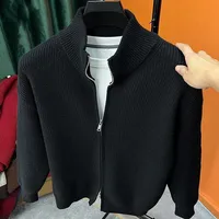 Cardigan ouvert pour homme, couleur unie, fermeture éclair, tricoté, coupe ajustée, col montant semi-haut, vêtement d'extérieur 2