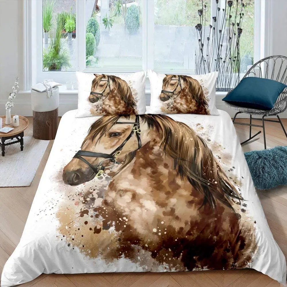 Horse Duvet Cover Farm Animal Pattern Brown Horse Lover Bedding Set Microfiber Bedspread Cover for Teens Adult Queen Quilt Cover