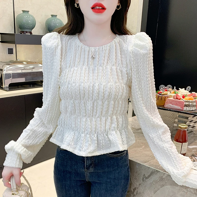 

2024 New Fall Winter Korean Clothes T-Shirt Chic Sexy O-Neck Advanced Draped Women Tops Puff Sleeve Bottoming Shirt Tees 312026