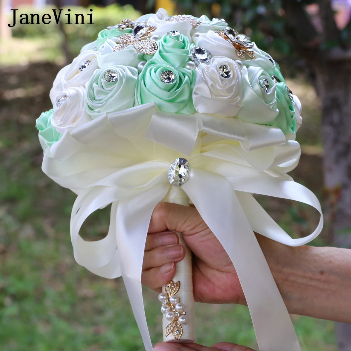 JaneVini Luxurious Crystal Gemstones Mint Green Bridal Bouquet Sparkly Jewelry Pearls Artificial Roses Flowers Wedding Bouquets