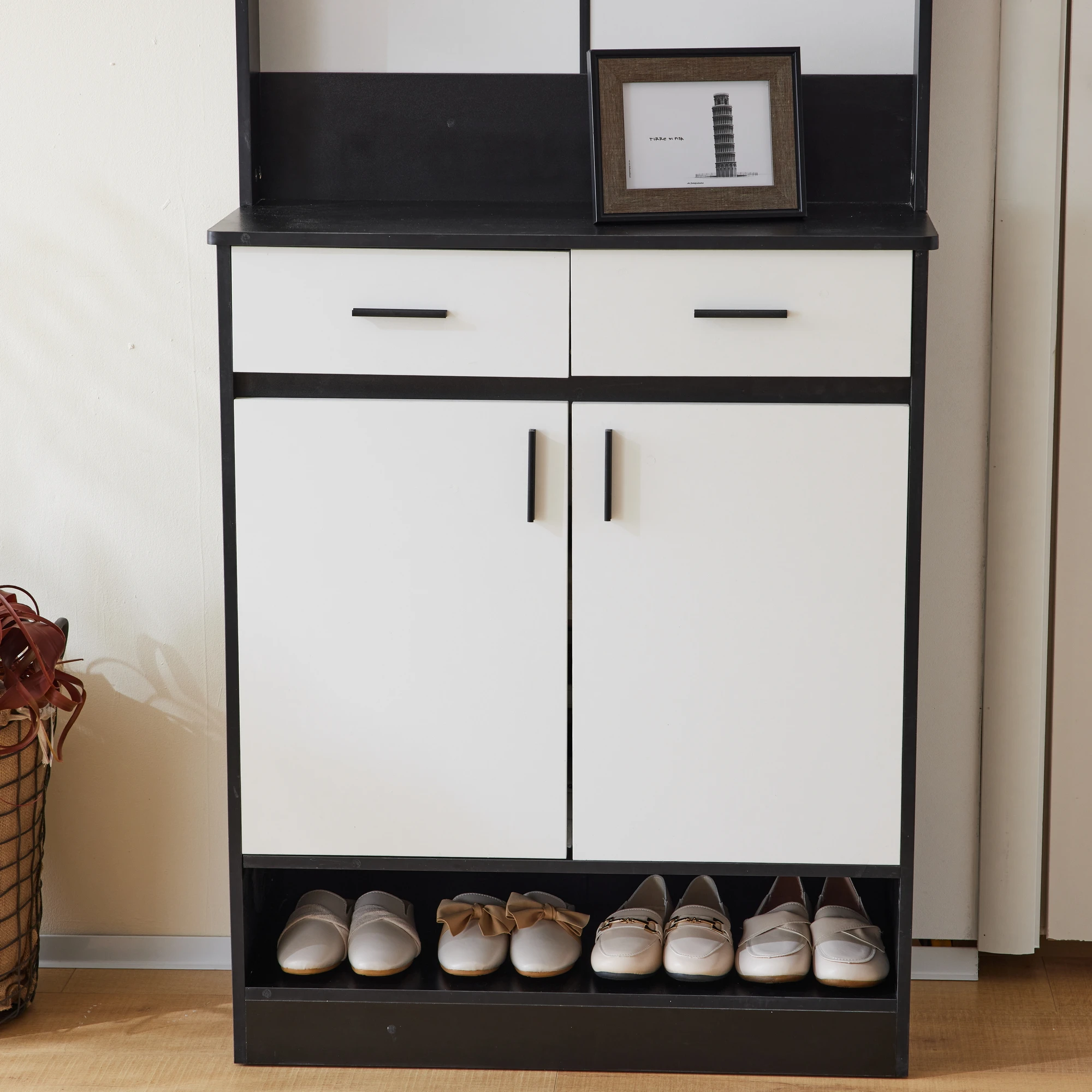 Entryway Bedroom Armoire,Shoe Cabinet,Wardrobe Armoire Closet, Drawers and Shelves,  Handles,  Hanging Rod, white and black 6