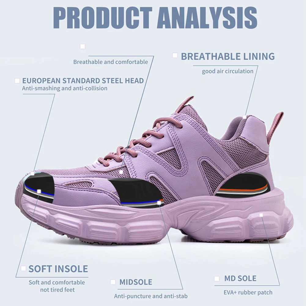 Women Industrial Protective Shoes Lightweight Safety Shoe Non-Slip Puncture Proof Steel Toe Work Shoes Breathable Comfortable