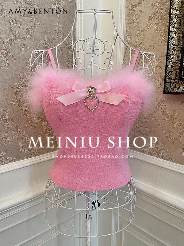 

Soft Girl Princess Tank Top Women Bow Pearl Diamond Sexy Camisole Ostrich Fur Knitted Sling Fashion Short Top Female