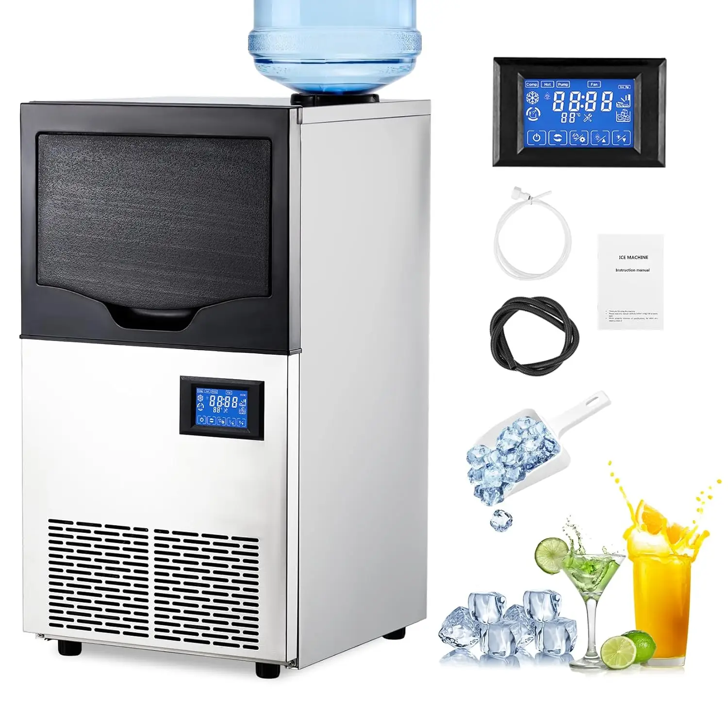 

Commercial Ice Maker Machine, 140Lbs/24H with 2 Water Inlet Modes and 22Lbs Bin, Stainless Steel Under Counter/Freestanding Ice