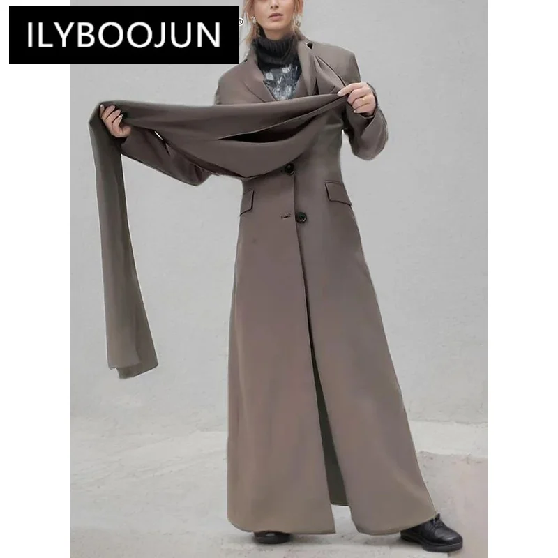 

ILYBOOJUN Solid Patchwork Pockets Slim Trench For Women Scarf Collar Long Sleeve Spliced Single Breasted Windbreaker Female